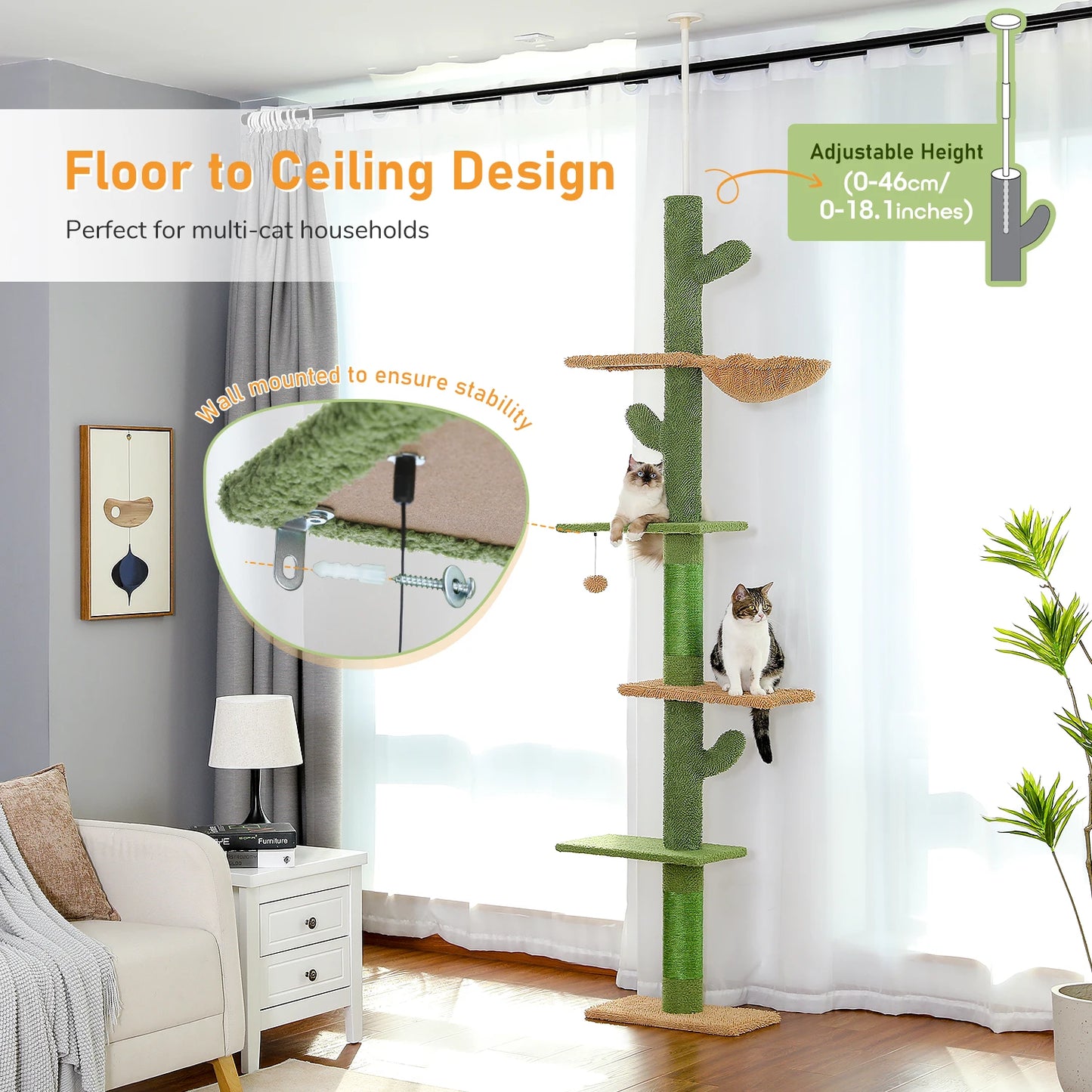 5‑Tier Floor‑to‑Ceiling Cat Tower – Tall Cactus‑Style Climbing Tree with Scratching Posts & Hammock
