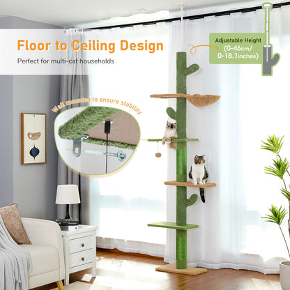 5‑Tier Floor‑to‑Ceiling Cat Tower – Tall Cactus‑Style Climbing Tree with Scratching Posts & Hammock