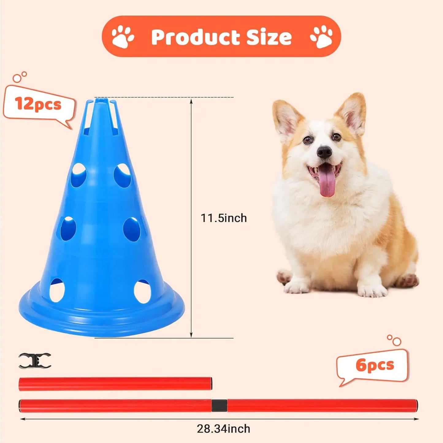 Dog Agility Hurdle Cone Set – Backyard Training Course with 12 Cones & 6 Adjustable Agility Rods