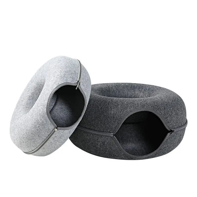 Felt Donut Cat Bed – Interactive Tunnel Hideout for Indoor Cats, Cozy 2‑in‑1 Pet Bed & Play Space
