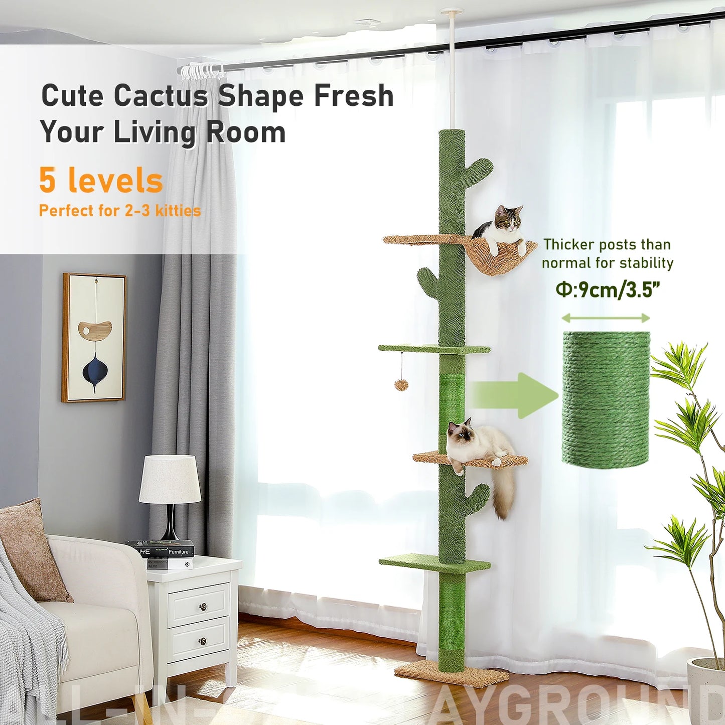 5‑Tier Floor‑to‑Ceiling Cat Tower – Tall Cactus‑Style Climbing Tree with Scratching Posts & Hammock