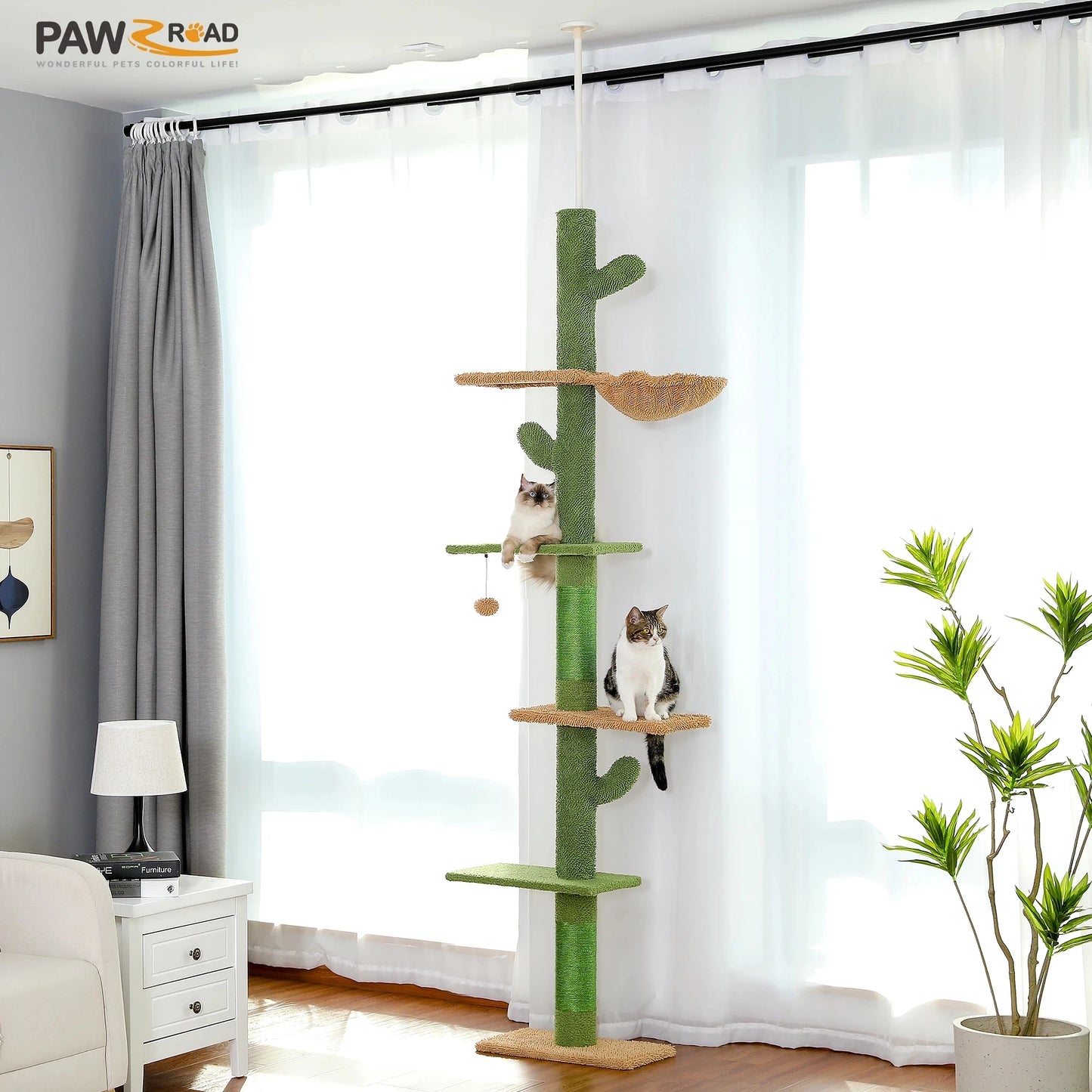 5‑Tier Floor‑to‑Ceiling Cat Tower – Tall Cactus‑Style Climbing Tree with Scratching Posts & Hammock