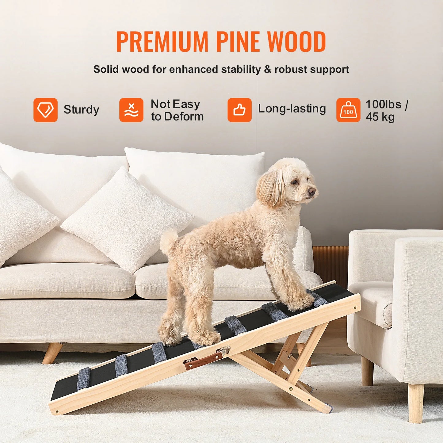 Adjustable Wooden Dog Ramp – Foldable, Nonslip Pet Ladder for Small & Senior Dogs to Reach Sofa, Bed, or Car