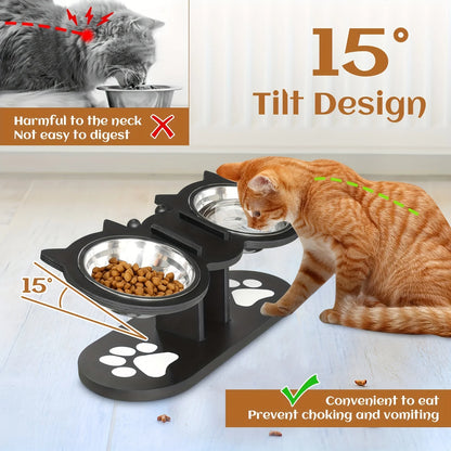 Elevated Cat Bowls 15° Tilted Raised Cat Food Bowls with Wooden Stand Anti Vomiting 3 Stainless Steel Bowls for Cats and Puppy