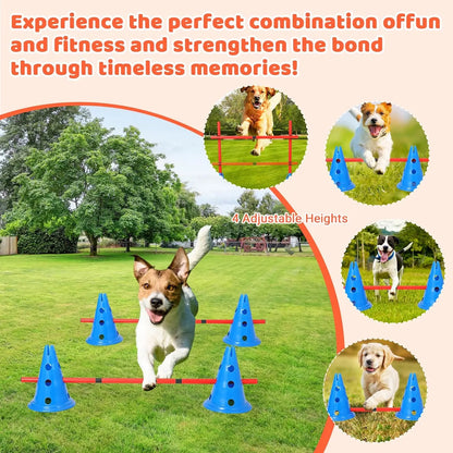 Dog Agility Hurdle Cone Set – Backyard Training Course with 12 Cones & 6 Adjustable Agility Rods