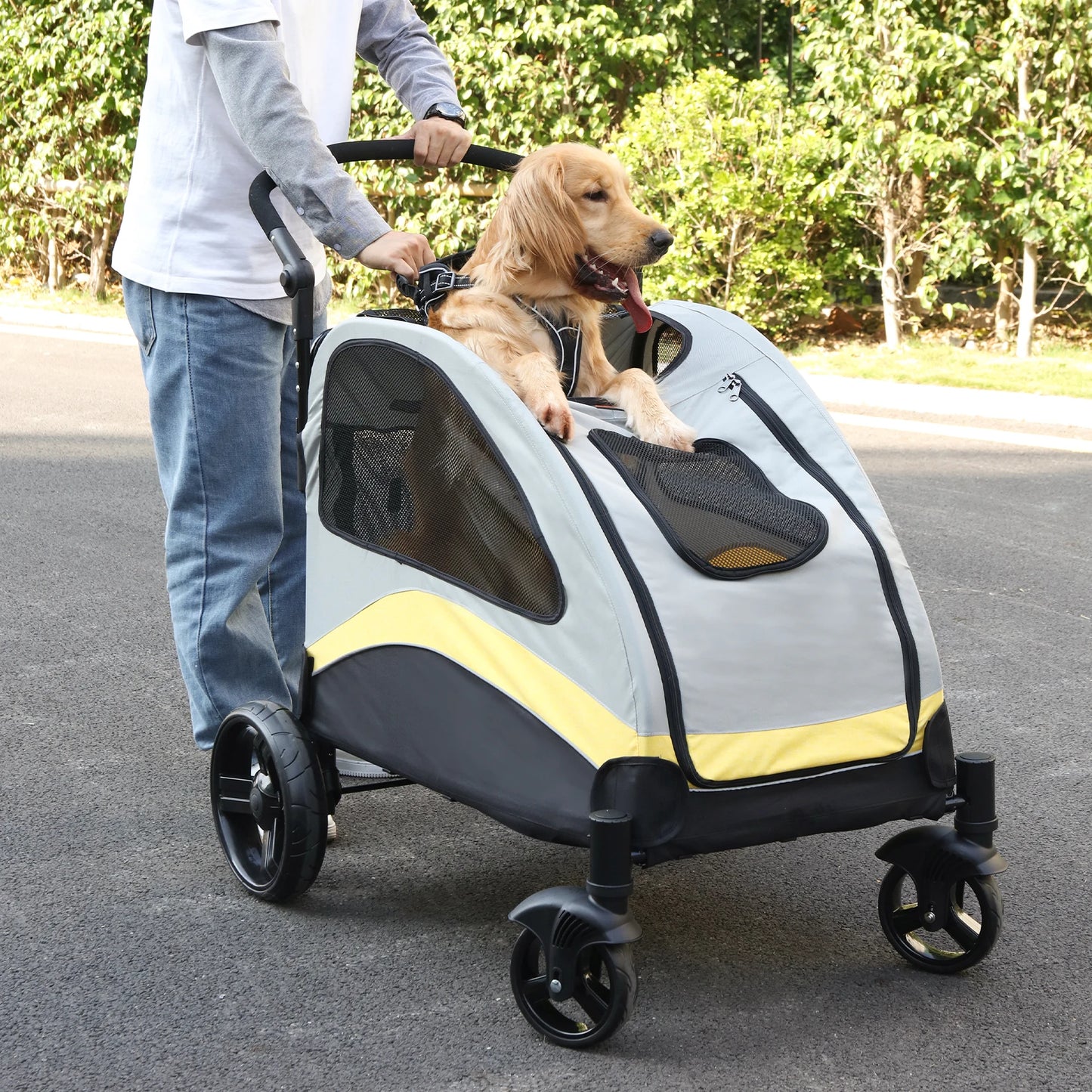Portable 4‑Wheel Dog Stroller – Foldable Large Pet Travel Carriage with Breathable Carrier for Outdoor Use