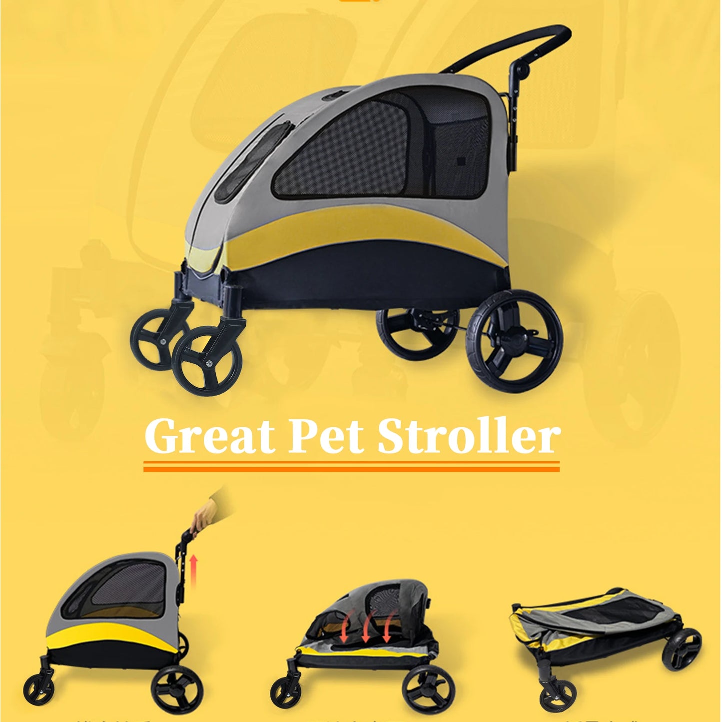Portable 4‑Wheel Dog Stroller – Foldable Large Pet Travel Carriage with Breathable Carrier for Outdoor Use
