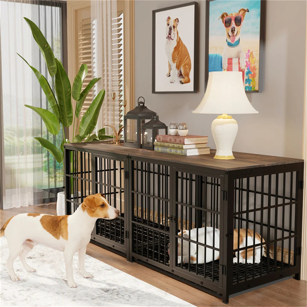 Large Wooden Dog Crate – Furniture‑Style Indoor Kennel End Table with 3 Doors & Removable Tray