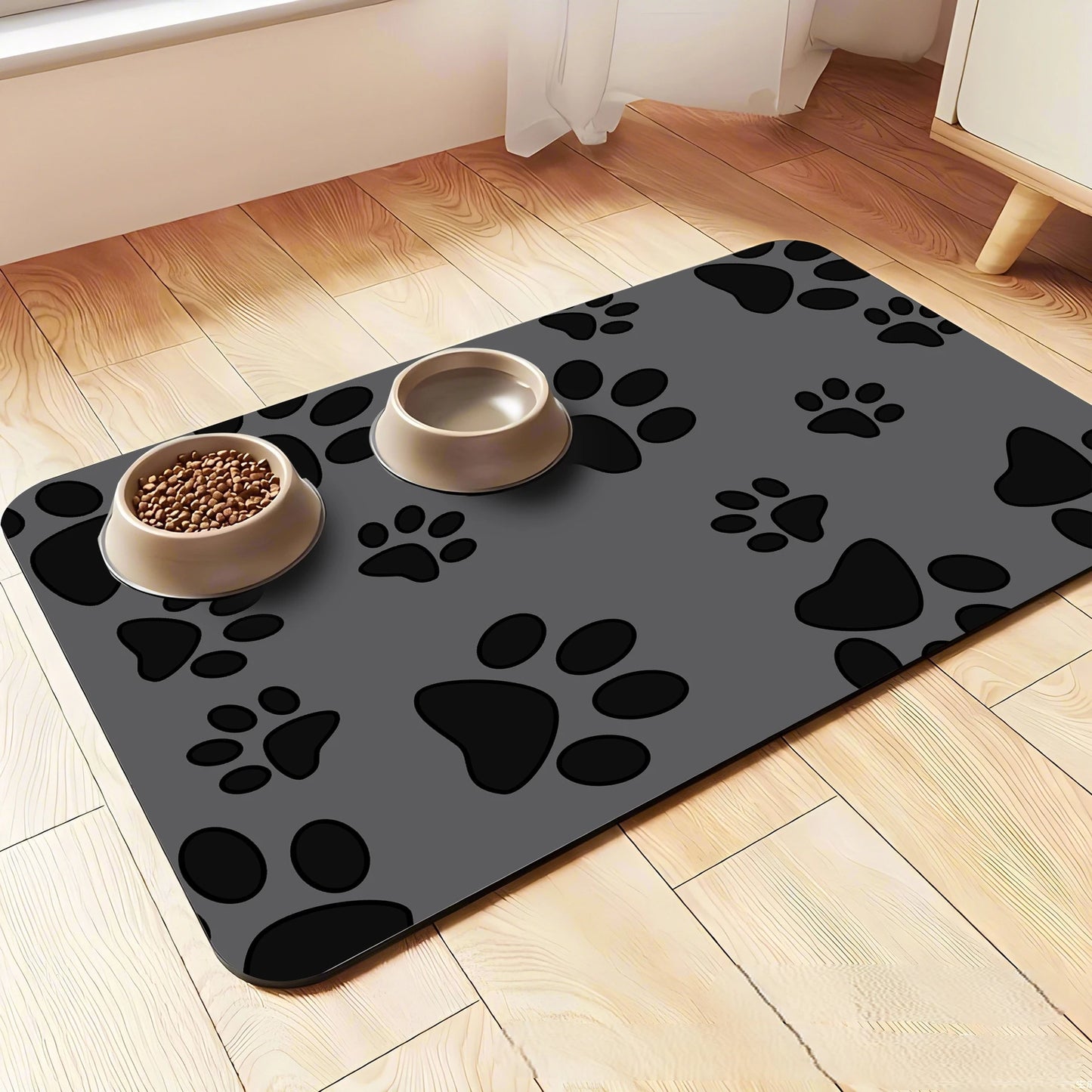 Paw Print Pet Food Mat – Non‑Slip, Water‑Absorbent, Wear‑Resistant Floor Mat for Dogs & Cats, Easy‑Clean Design