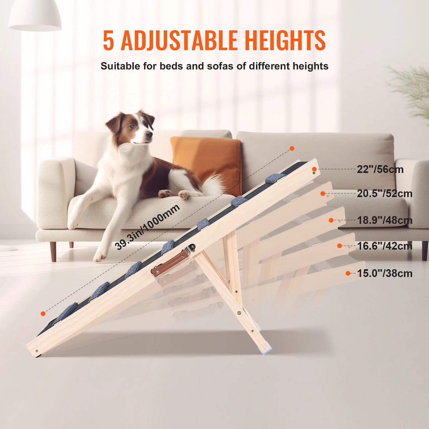 Adjustable Wooden Dog Ramp – Foldable, Nonslip Pet Ladder for Small & Senior Dogs to Reach Sofa, Bed, or Car