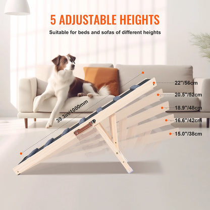 Adjustable Wooden Dog Ramp – Foldable, Nonslip Pet Ladder for Small & Senior Dogs to Reach Sofa, Bed, or Car
