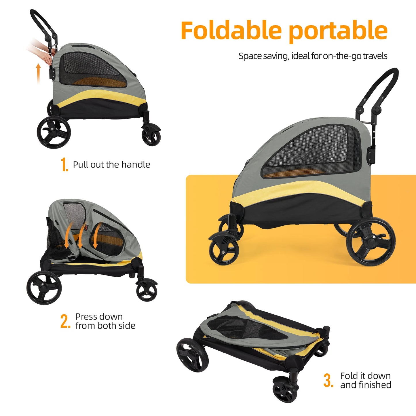 Portable 4‑Wheel Dog Stroller – Foldable Large Pet Travel Carriage with Breathable Carrier for Outdoor Use