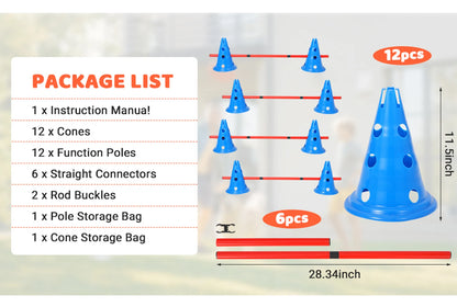 Dog Agility Hurdle Cone Set – Backyard Training Course with 12 Cones & 6 Adjustable Agility Rods
