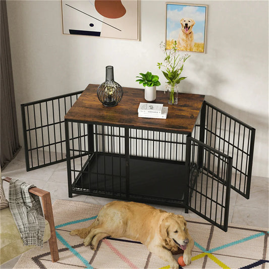 Large Wooden Dog Crate – Furniture‑Style Indoor Kennel End Table with 3 Doors & Removable Tray