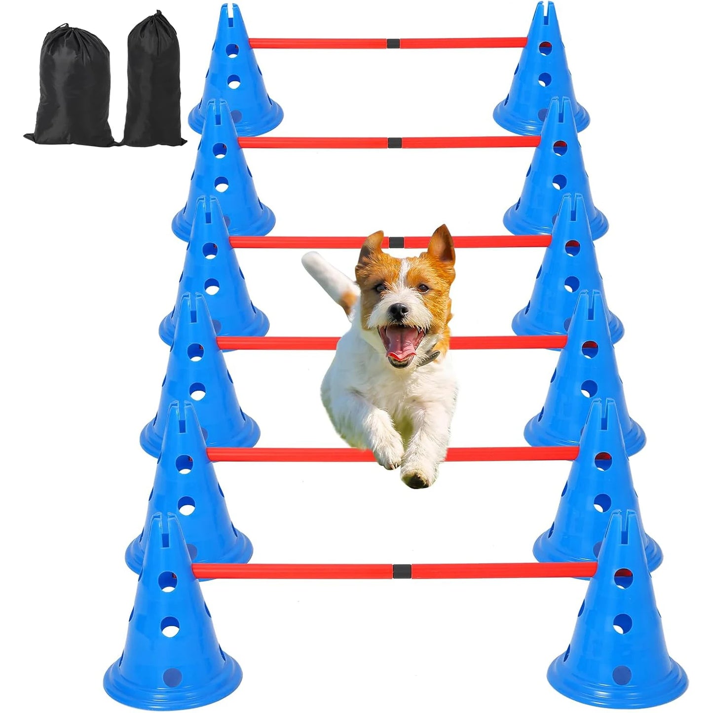 Dog Agility Hurdle Cone Set – Backyard Training Course with 12 Cones & 6 Adjustable Agility Rods