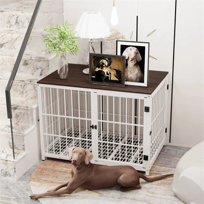 Large Wooden Dog Crate – Furniture‑Style Indoor Kennel End Table with 3 Doors & Removable Tray