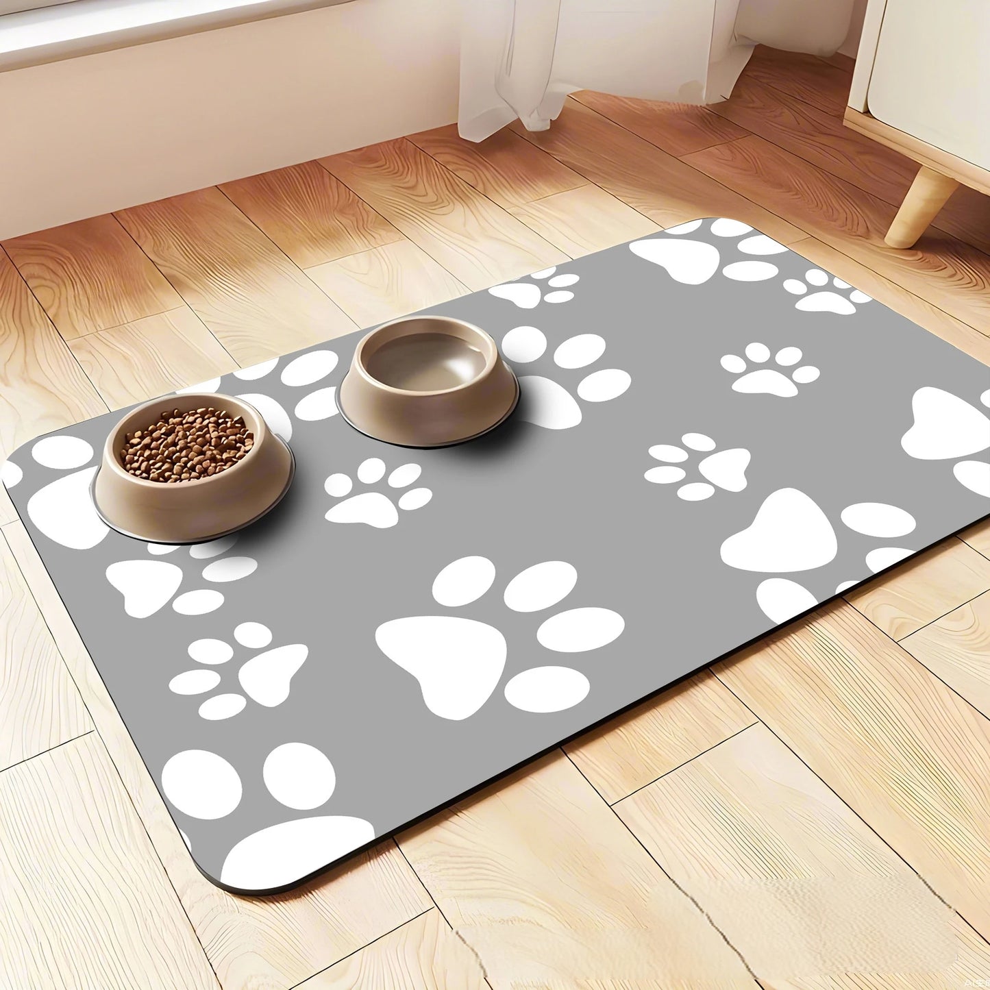 Paw Print Pet Food Mat – Non‑Slip, Water‑Absorbent, Wear‑Resistant Floor Mat for Dogs & Cats, Easy‑Clean Design