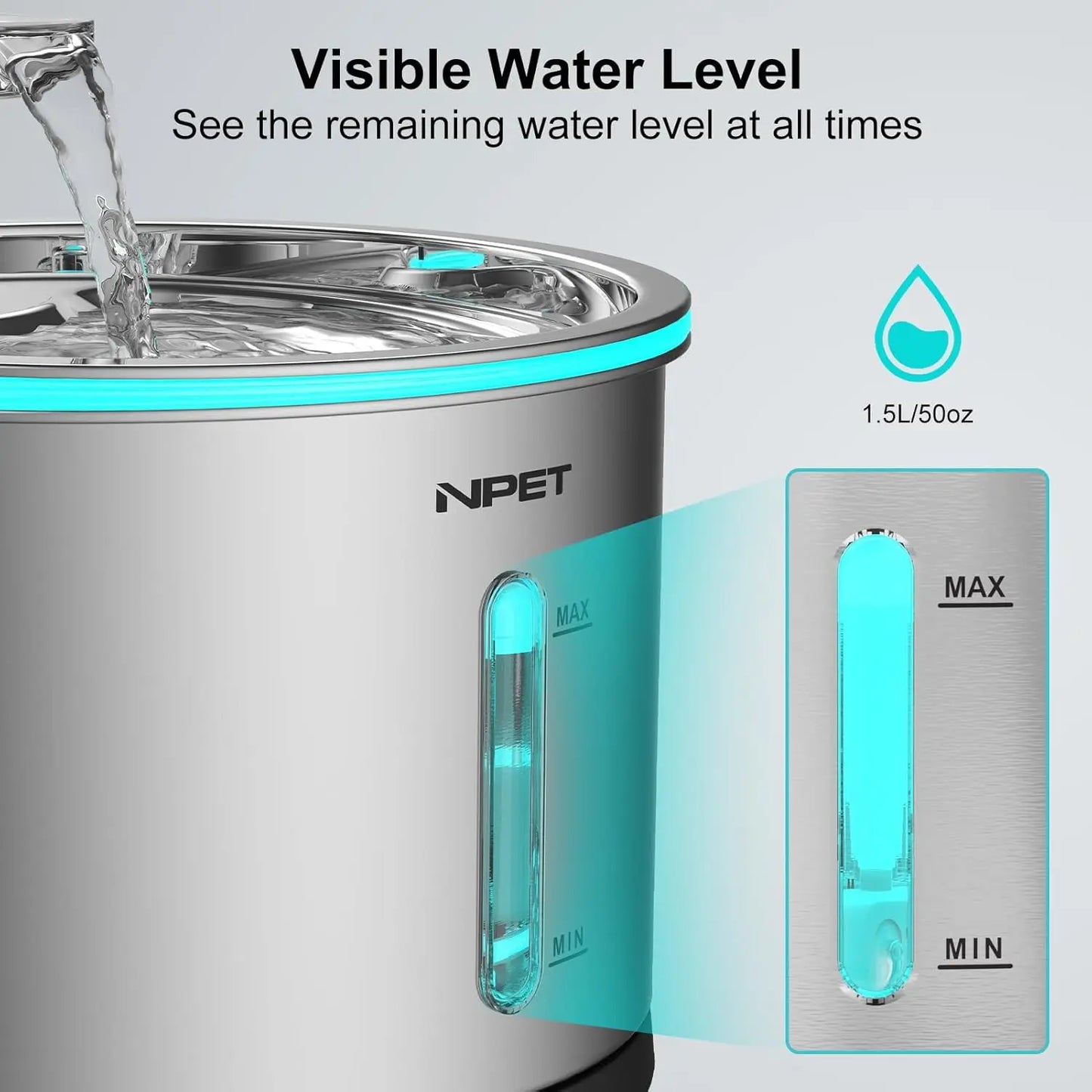 Stainless Steel Cat Water Fountain – 1.5L/50oz, Dishwasher‑Safe with Visible Water Window