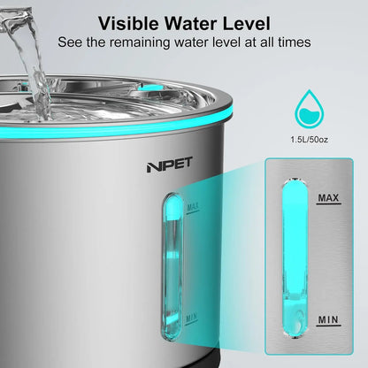 Stainless Steel Cat Water Fountain – 1.5L/50oz, Dishwasher‑Safe with Visible Water Window