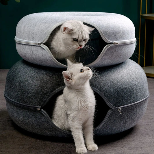Felt Donut Cat Bed – Interactive Tunnel Hideout for Indoor Cats, Cozy 2‑in‑1 Pet Bed & Play Space